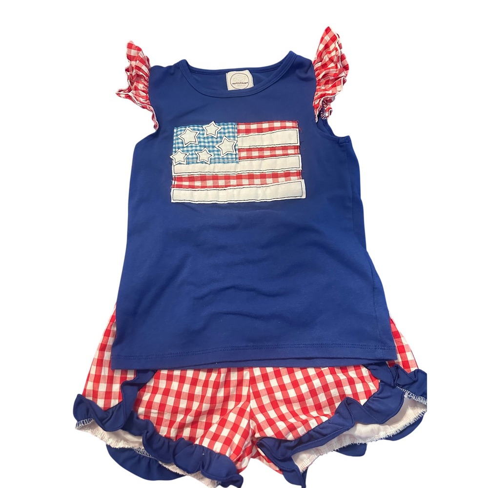 Monkey B Designs Girls Patriotic American Flag Gingham Ruffle Shorts Set 6-7T